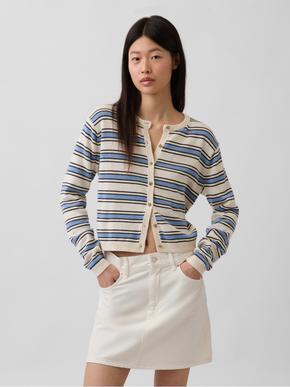 Gap 100% Cotton Relaxed Crop Striped Crewneck Button Cardigan